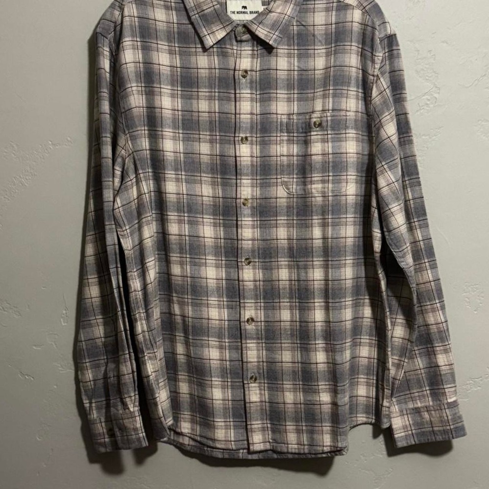 The Normal Brand Mens XL Flannel Shirt Gray Blue Plaid Cotton Button Down